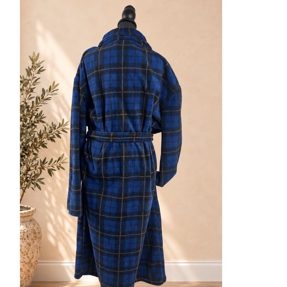 John Christian Mens XXL Blue Black Plaid Fleece Robe Shawl Collar NWT